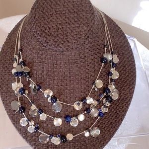 Costume Necklace Silver with Blue Discs and 3 necklace layered look.